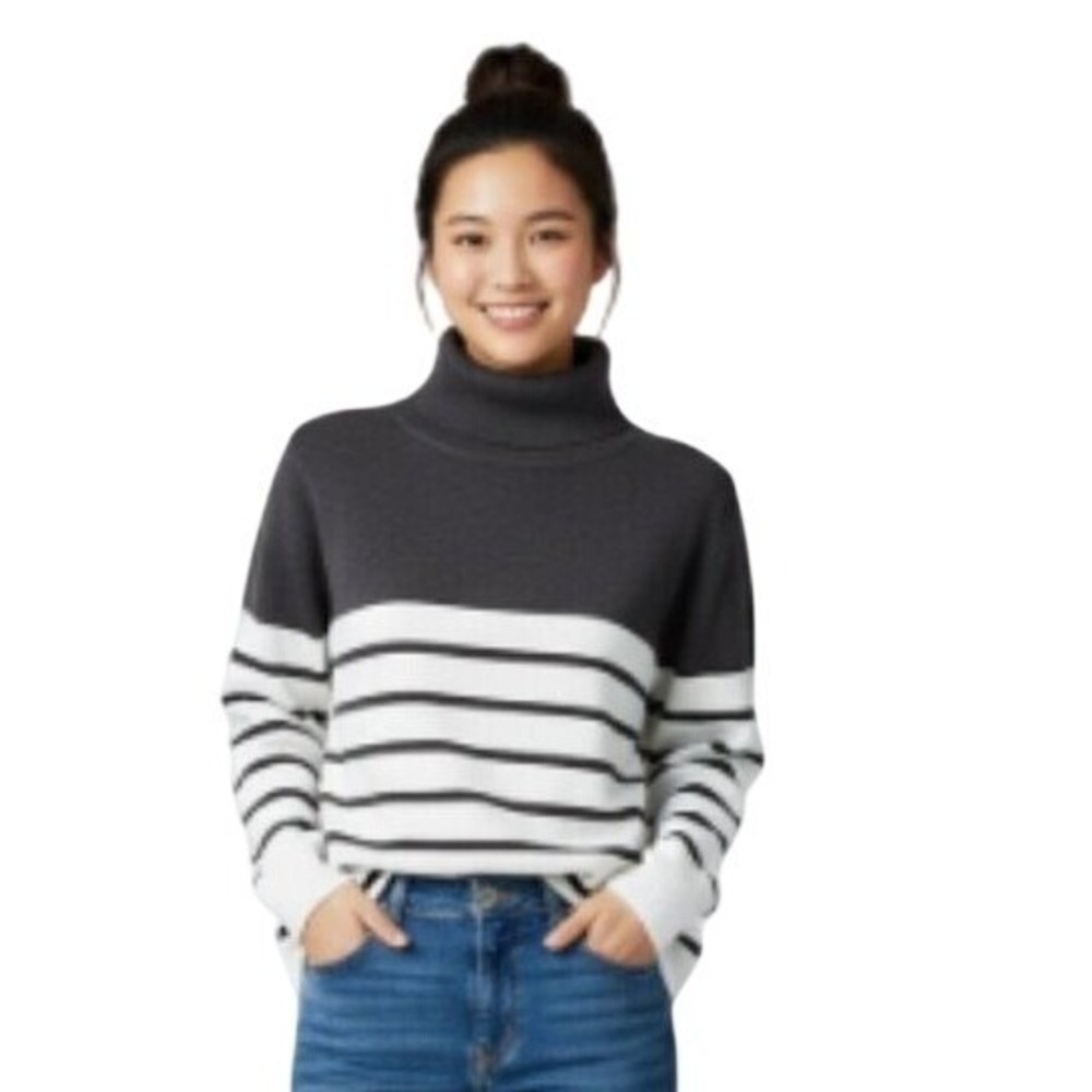 Kirundo Womens Turtleneck Sweater Womens Large Charcoal Gray White Striped